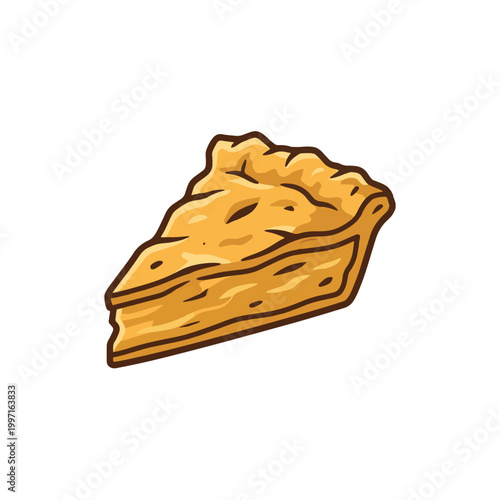 A delicious-looking slice of apple pie with a golden crust and visible filling, rendered in a charming cartoon style.