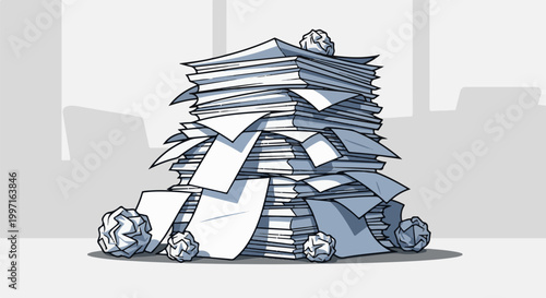 A precarious, towering stack of paper sheets and crumpled balls of paper