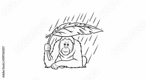 A primate shelters from the rain under a large leaf used as an umbrella