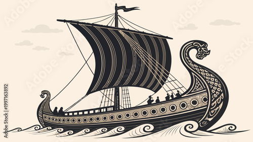 An ancient Viking ship sailing through calm waters with a decorative dragon head at the bow
