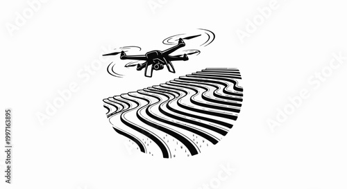 A quadcopter hovers above a textured, rippling surface with undulating lines