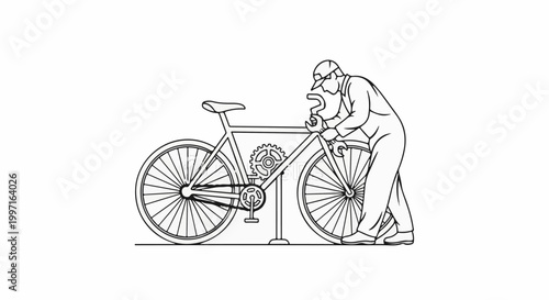 A person wearing a cap and overalls repairs a bicycle using tools