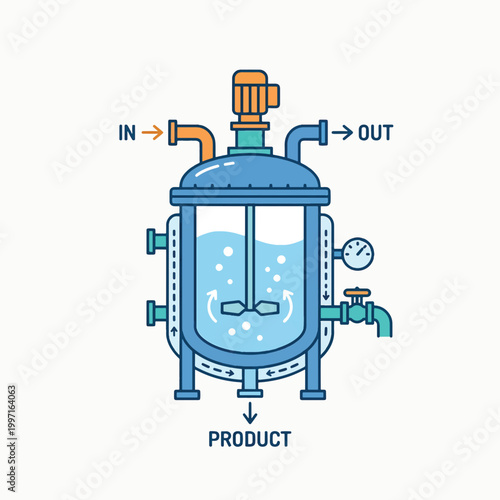 Industrial reactor with inlet, outlet, and product lines. Features a motor-driven agitator and pressure gauge for chemical processing.