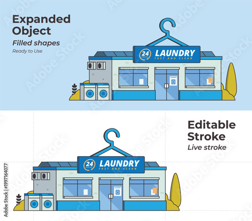 Laundry Shop Storefront Building Illustration with Editable Outline Stroke Vector