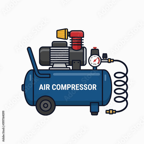 A blue air compressor with a motor, tank, pressure gauge, and coiled hose. Isolated on a white background.