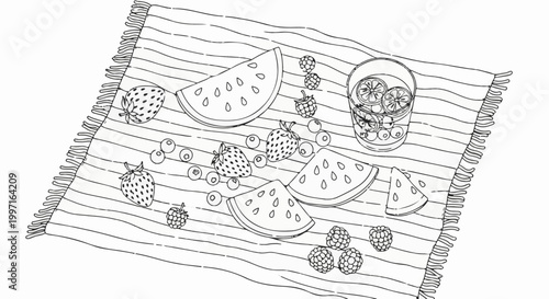 A picnic spread on a striped blanket with fruits and a refreshing drink