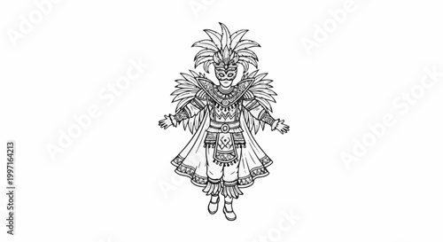 A person in a decorative, feathered costume with a mask and headdress