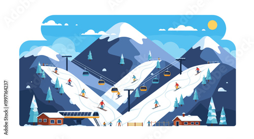 Winter ski resort mountain landscape in flat vector illustration style
