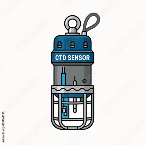 A blue and grey CTD sensor with a protective cage and a loop for attachment.