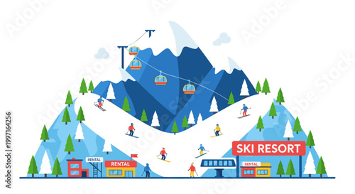 Winter ski resort mountain landscape in flat vector illustration style
