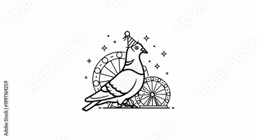 A pigeon with a party hat sits before carnival wheels and stars