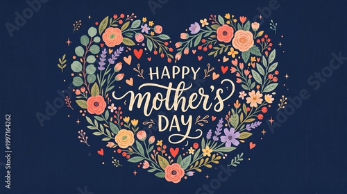 Happy Mother's Day floral heart wreath with vibrant flowers, leaves, berries, and decorative elements on a dark blue background