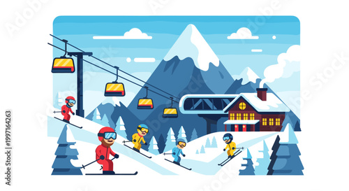 Winter ski resort mountain landscape in flat vector illustration style