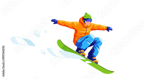 Dynamic snowboarder jump in colorful flat vector illustration style