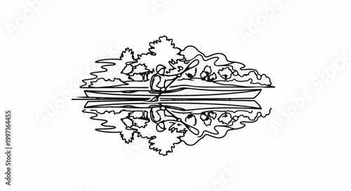 A person kayaks on tranquil water, surrounded by lush trees and reflections