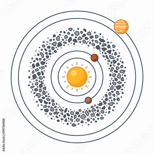 A stylized illustration of a solar system, featuring a sun, inner planets, and an asteroid belt, with a gas giant in the outer orbit.