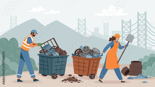 Two workers in safety gear collecting trash in bins on a city street with mountains in the background
