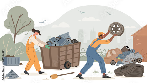 Two workers in overalls collecting and disposing of scrap metal and tires in a junkyard