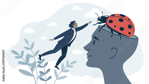 A man in a business suit is reaching for a ladybug on top of a giant human head with a plant growing nearby