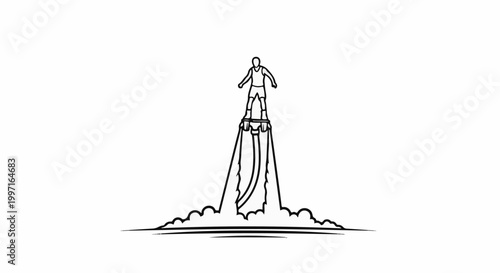 A person stands on a jetpack, soaring upwards with water propulsion