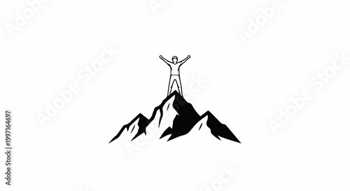 A person stands triumphantly atop a jagged mountain peak with arms raised
