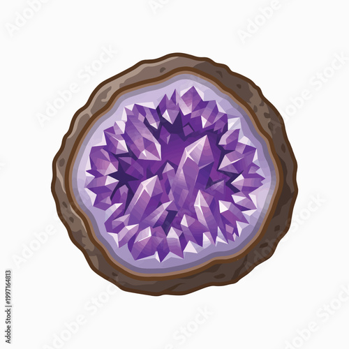 A cross-section of a geode revealing vibrant purple crystals within a rough, brown exterior.