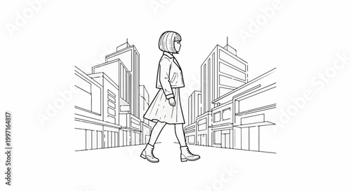 A person walks down a city street lined with buildings, illustration