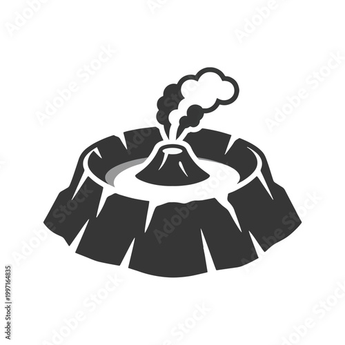 Stylized icon of a volcano erupting with smoke billowing from its crater, set against a white background.