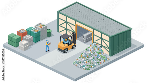 An isometric illustration of a warehouse with a forklift and workers sorting recyclables