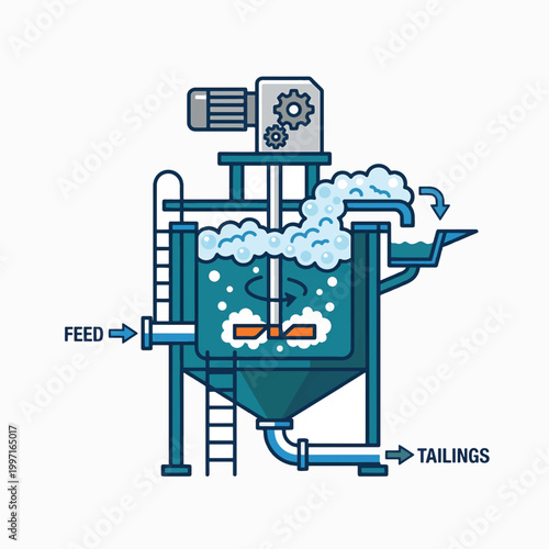 Illustration of a flotation cell for mineral processing. Feed enters, is agitated and aerated, creating a foam layer that overflows for collection, while tailings discharge from the bottom.