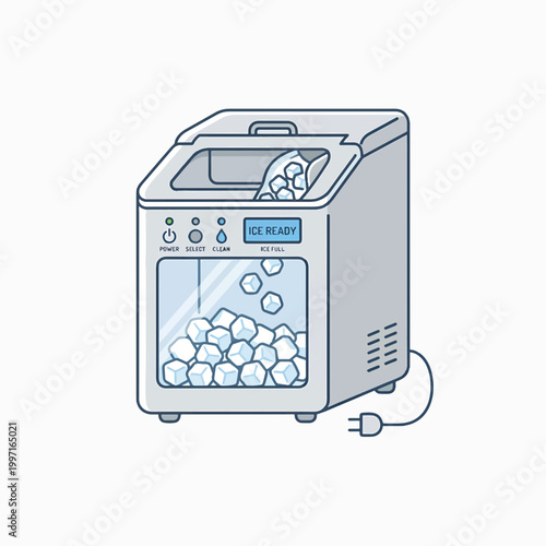 A minimalist cartoon illustration of a light blue automatic ice maker machine with a clear window displaying ice cubes, control panel, scoop, and power cord.