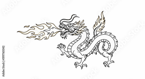 A mythical creature, a serpentine dragon, breathes a fiery blast from its jaws