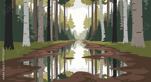 A muddy forest path reflects trees and sky in puddles after rain