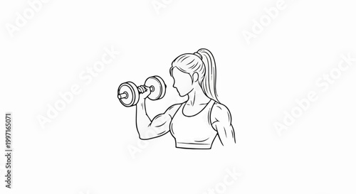 A muscular woman with her hair in a ponytail lifting a dumbbell