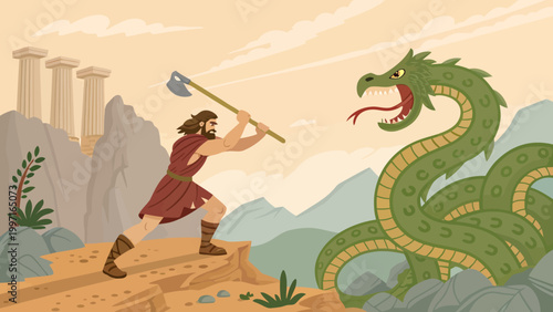 A cartoon illustration of a man in ancient clothing fighting a large green serpent with a stone structure in the background.