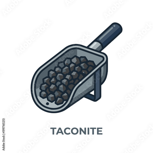 Isometric illustration of a gray scoop full of dark taconite pellets, with TACONITE text below.