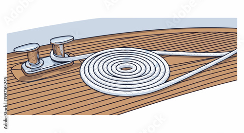 A neatly coiled rope rests on a wooden deck next to a metal cleat