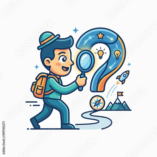 A cartoon boy with a backpack and hat uses a magnifying glass to explore a large question mark filled with ideas. A path leads to mountains, a compass, and a rocket, symbolizing inquiry, dis