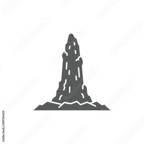 A stylized, dark grey graphic of a geyser erupting from a cracked ground surface, on a white background.