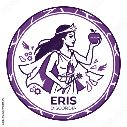 Purple logo of Eris (Discordia), goddess of strife, holding a Kallisti golden apple and torch. Gears, wings, and fractured elements complete the circular design.