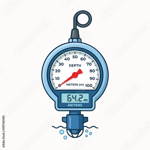 A blue scuba diving depth gauge with an analog dial pointing to 64m and a digital display reading 64.2m. Water ripples and bubbles are shown at the bottom.