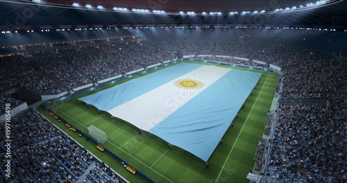 Professional Stadium With Soccer Game Championship With Flag of Argentina Spread Across Pitch Before Football Match Start. Cheering Crowds of Fans Surround the Arena. Aerial Static Wide Shot