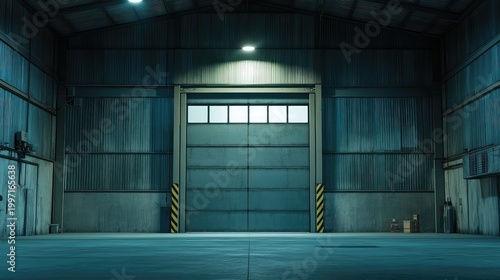 Concrete wall interior of a large empty factory storage facility, featuring a closed industrial roller door under a single overhead light, creating a stark, expansive, and functional space