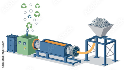 An industrial recycling machine processes materials in an eco-friendly facility with a recycling symbol