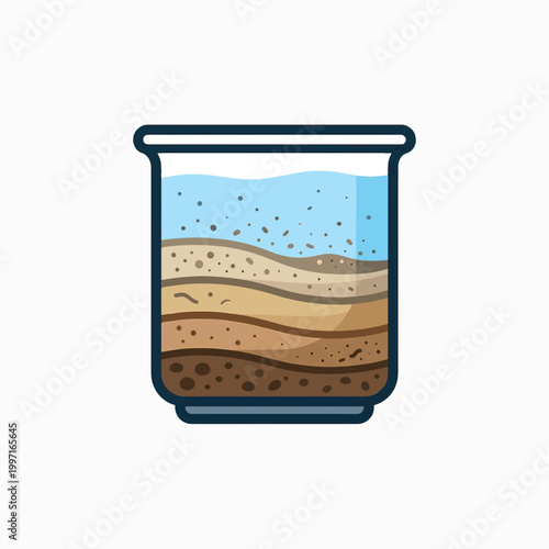 Illustration of soil layers in a beaker with water on top, showing different sediment types and their stratification.