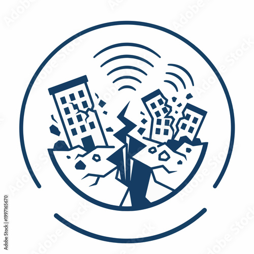 Stylized circular graphic depicting buildings collapsing due to an earthquake, with a large crack in the ground and seismic waves radiating from the destruction.