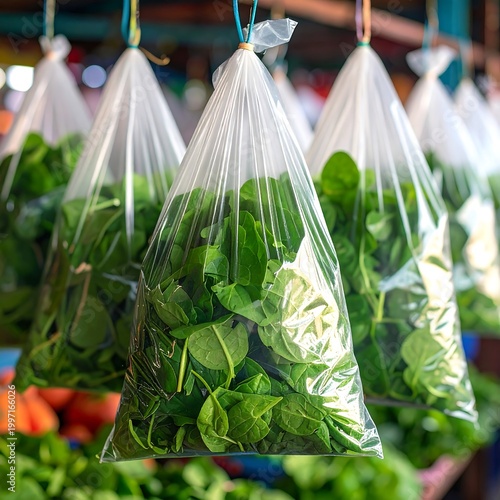 Fresh leafy greens fill transparent bags suspended from above, ready for sale at a market, capturing vibrancy and freshness