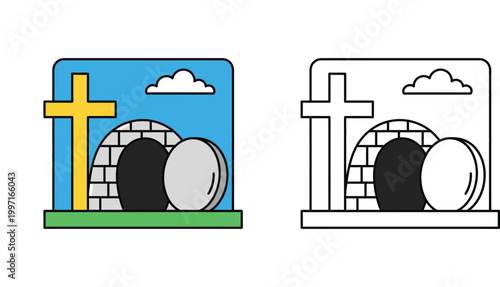 Easter empty tomb with rolled away stone and cross vector illustration. Colored icon and black and white line art coloring page design.