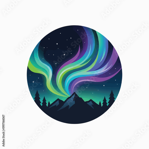 Vibrant aurora borealis dances over silhouetted mountains and pine trees under a starry night sky, encapsulated in a circle.