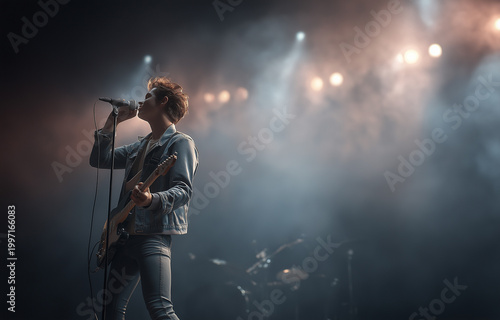 A young musician passionately performing on stage with his electric guitar